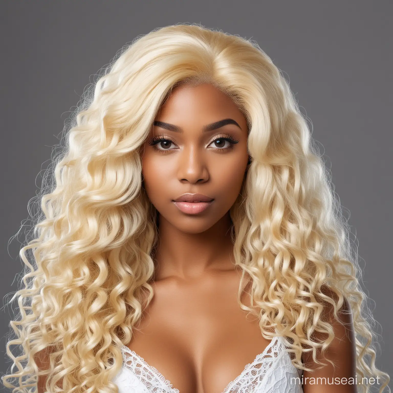 stock image head and shoulders black girl with long blonde lace wig
