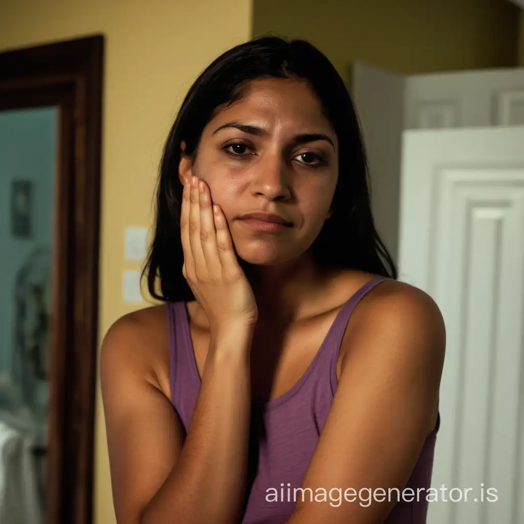 a latino woman standing in a house with her right hand on her cheek, in the photo she must be seen from head to toe. 