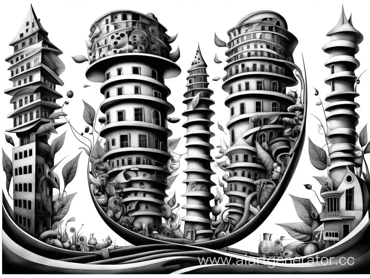 Surreal-Abstract-Architecture-with-Rolling-Columns-and-Leaves-on-Black-and-White-Background
