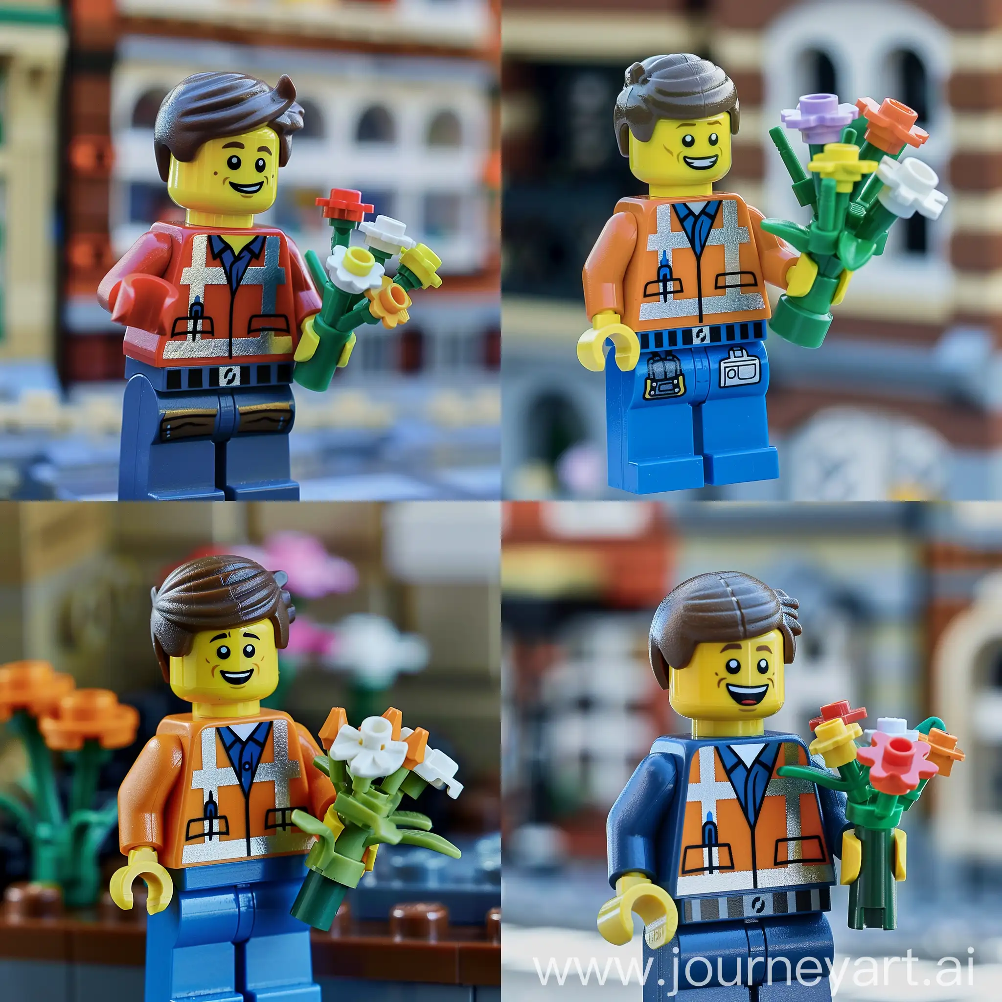 Lego man holding flowers