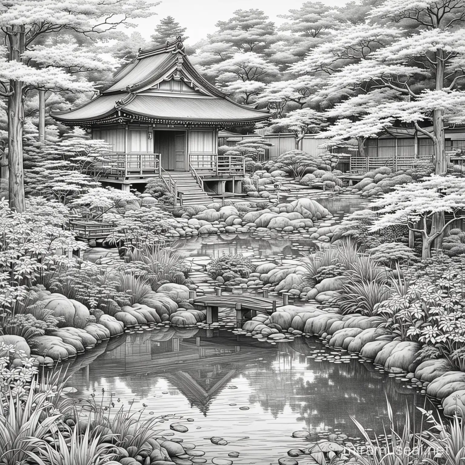 Tranquil Japanese Garden with Temple Creek and Pond Coloring Book Page