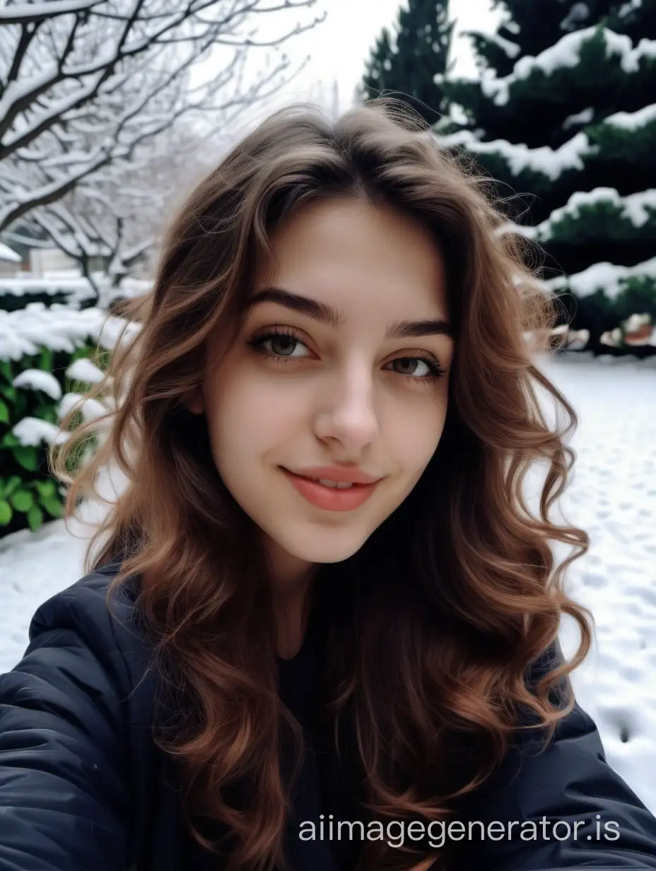 a photo of Michela, an Italian prosperous girl just came back home from college with brown wavy hair, taking a self hot picture relaxing in the garden with snow around