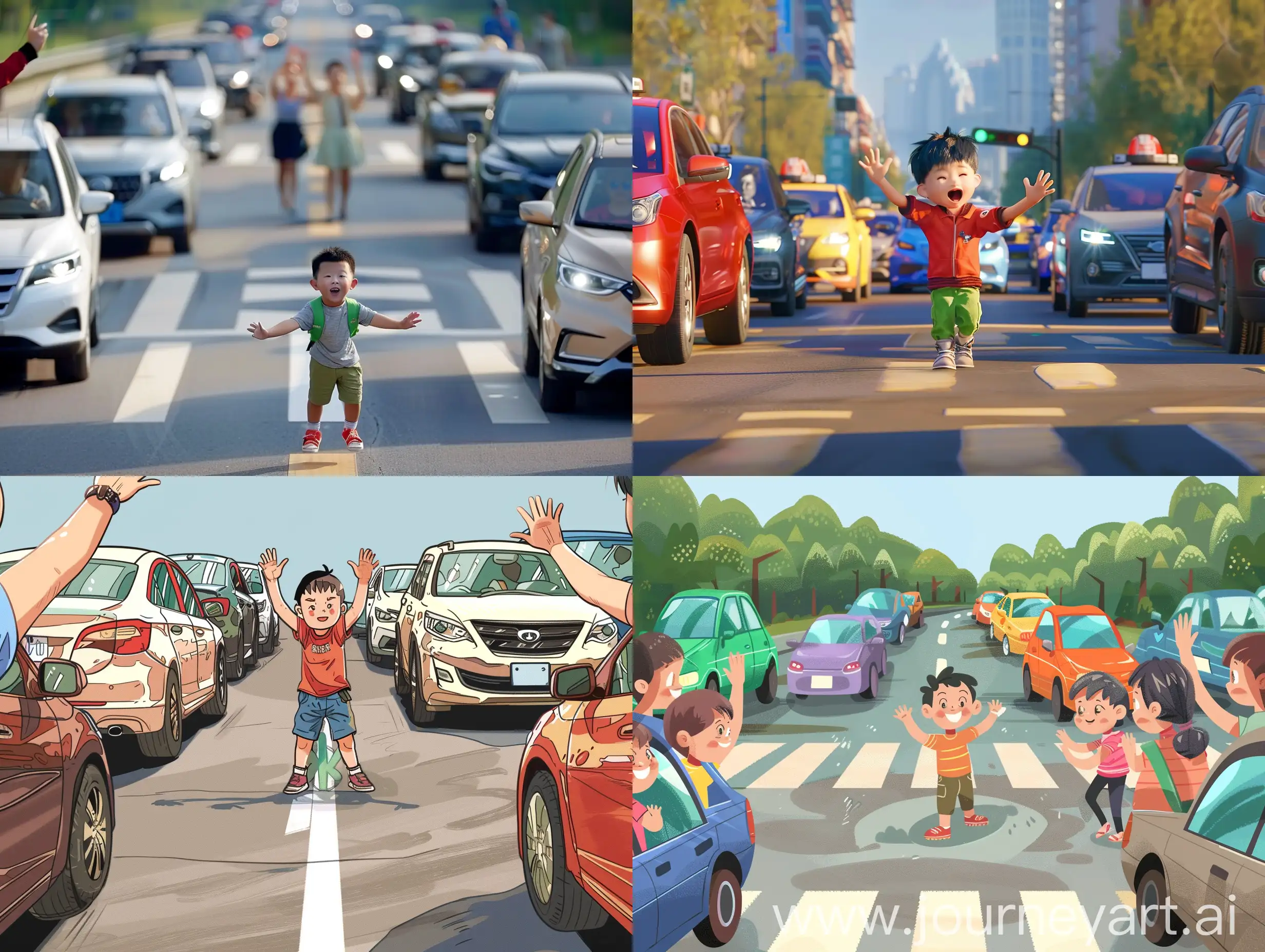 Enthusiastic-Chinese-Boy-Directing-Traffic-with-Cars-Waving-in-Thanks