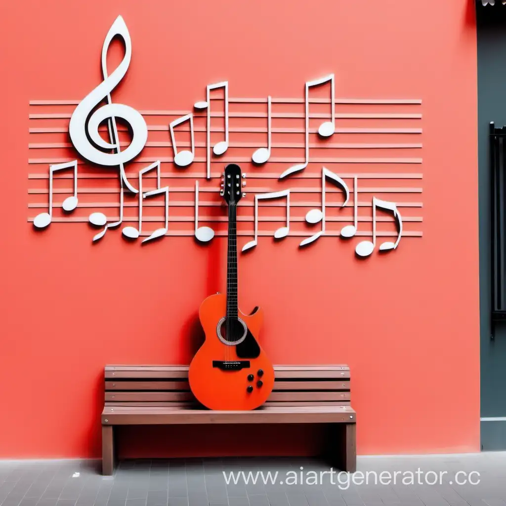 брендированная фотозона на улице, коралловый цвет, стена с изображением музыкальных нот, гитара большая, скамейка 