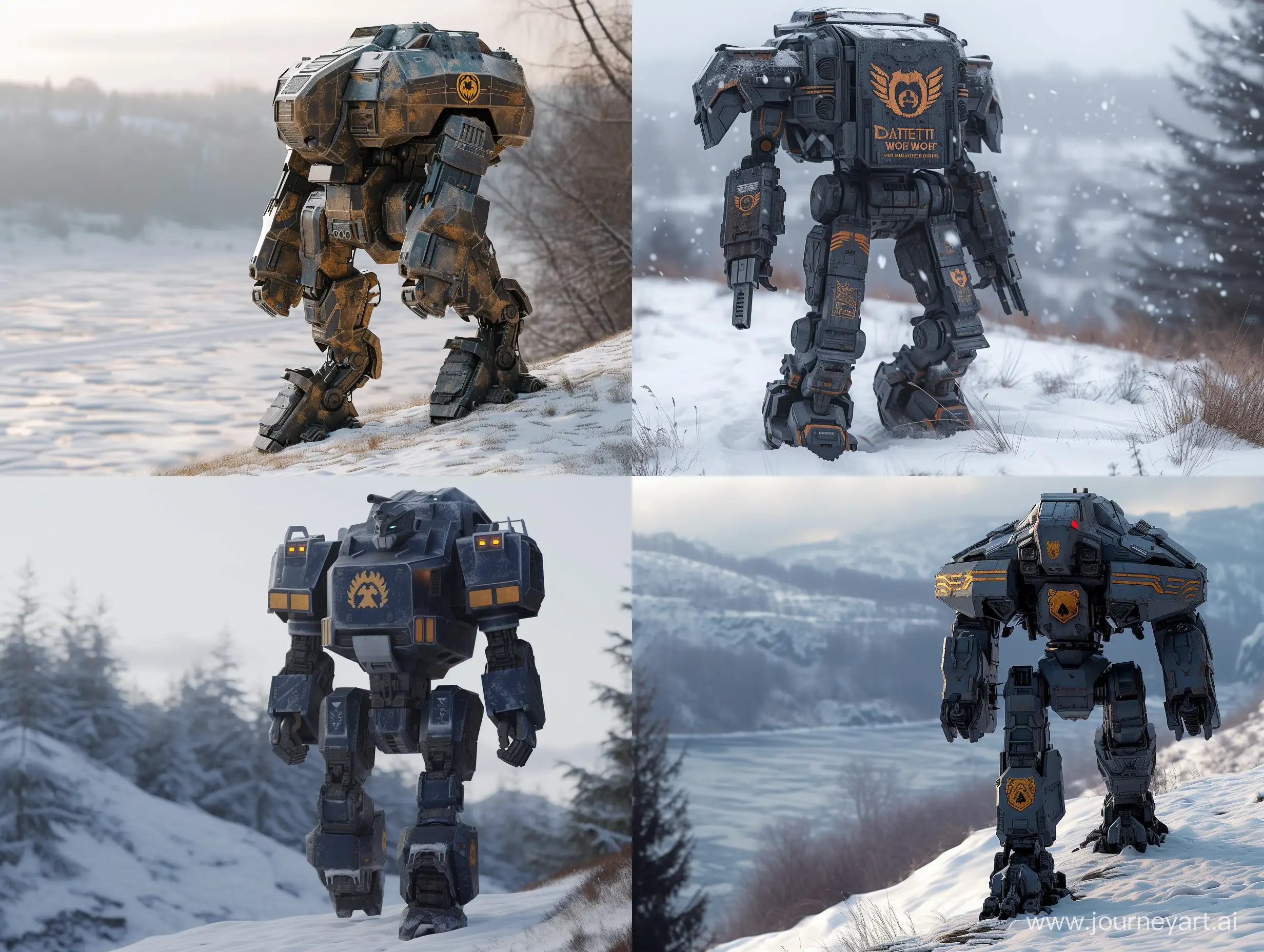 Battletech setting, Timber Wolf omnimech walking along the snowy hill, clan Ghost Bear insignia on robot's armor, sci-fi, highly detailed, realistic