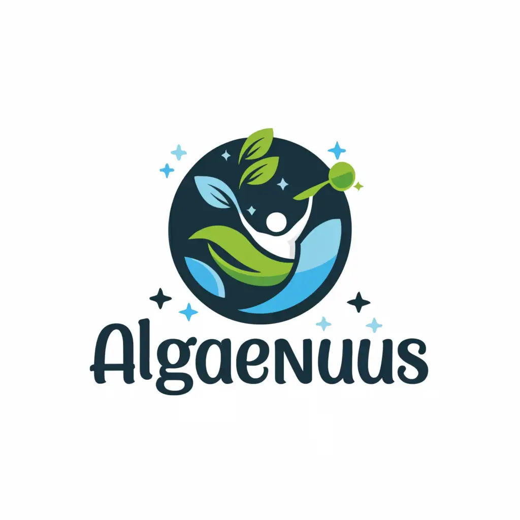a logo design,with the text 'Algaenius', main symbol:The earth with an girl holding an algae in an bottle with the universe,Moderate,be used in Education industry,clear background