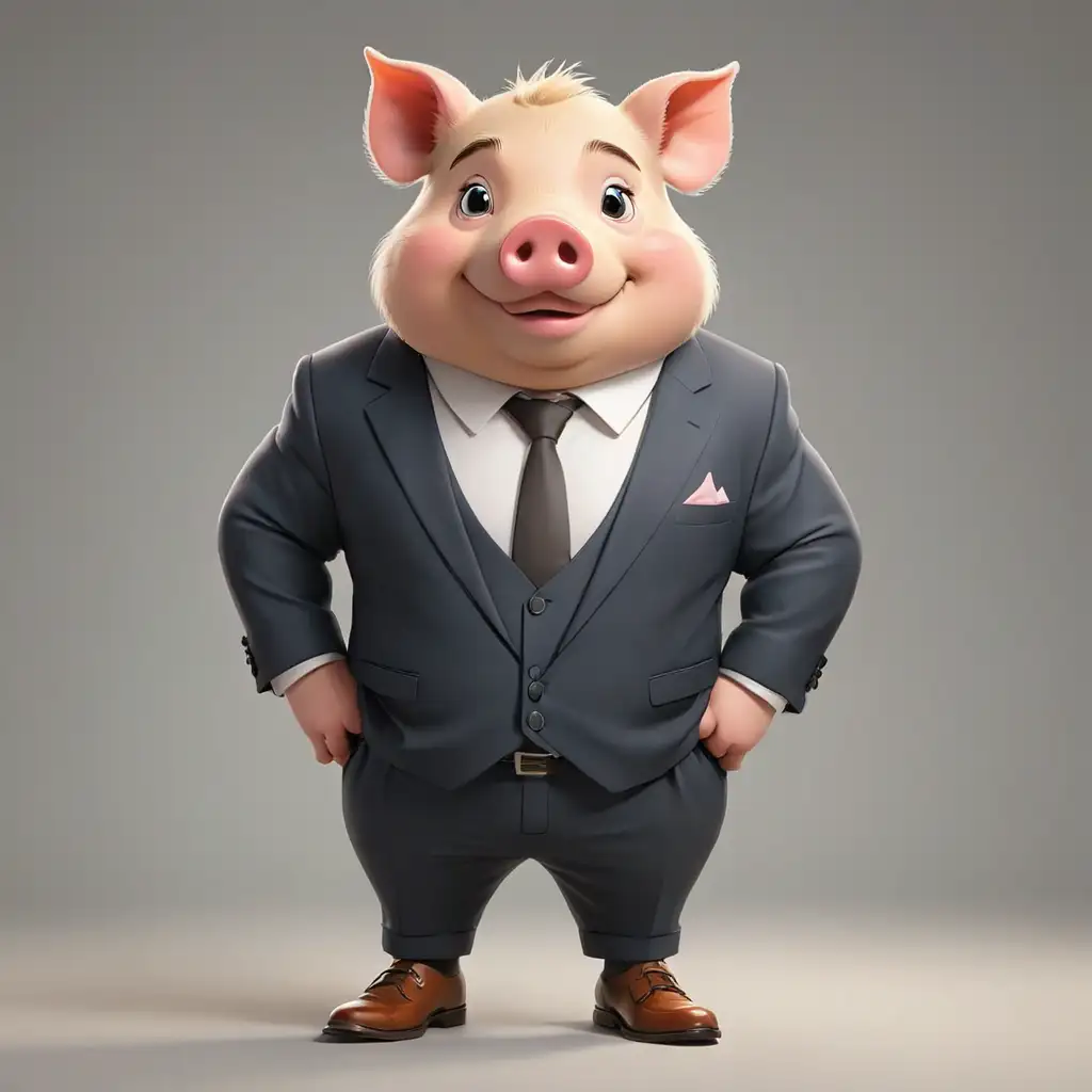 A pig in cartoon style, full body, suit clothes with formal shoes, with clear background