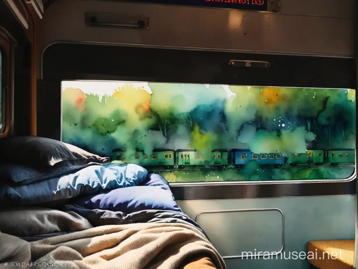 купе поезда, верхняя полка,  watercolour style by Alexander Jansson
