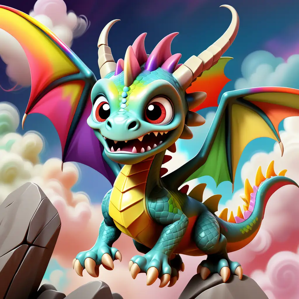 Depict Dara the young colorful very cute baby dragon  in action with colorful clouds behind, wings spread wide, with a determined expression as a strong gust of wind starts to form, blowing towards the boulder.
