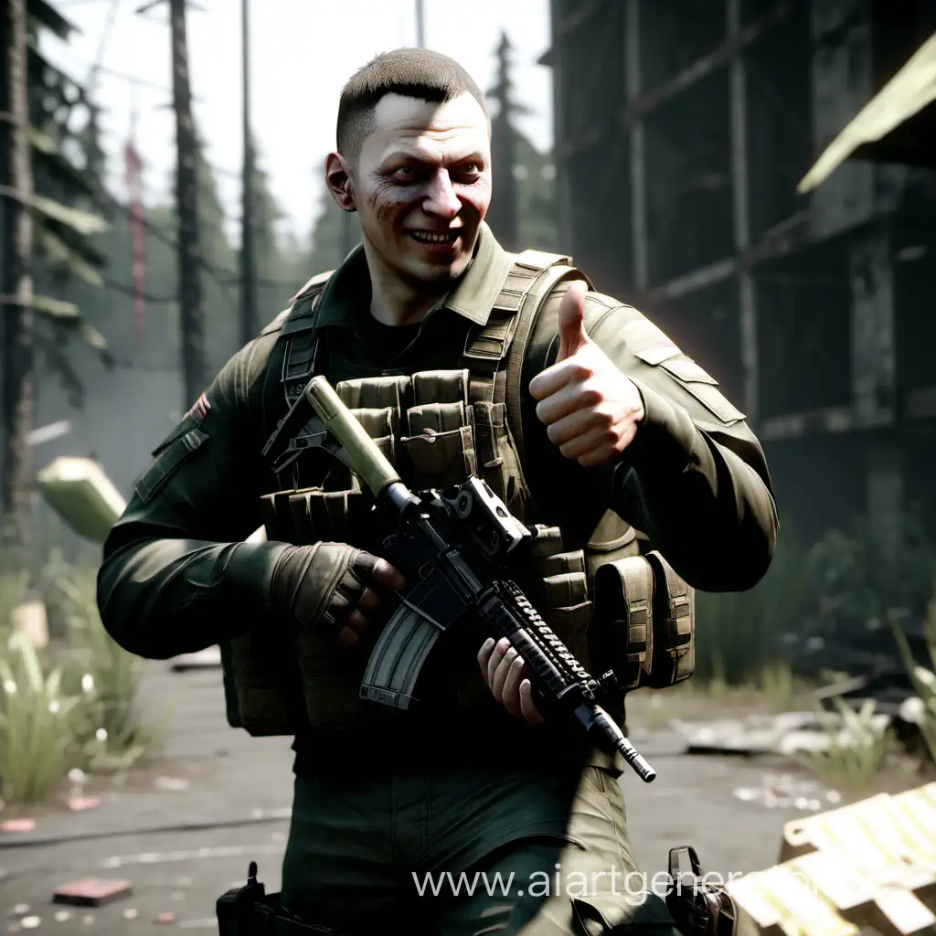 Tarkov PMC Fighter Giving ThumbsUp in Intense Combat | AI Art Generator