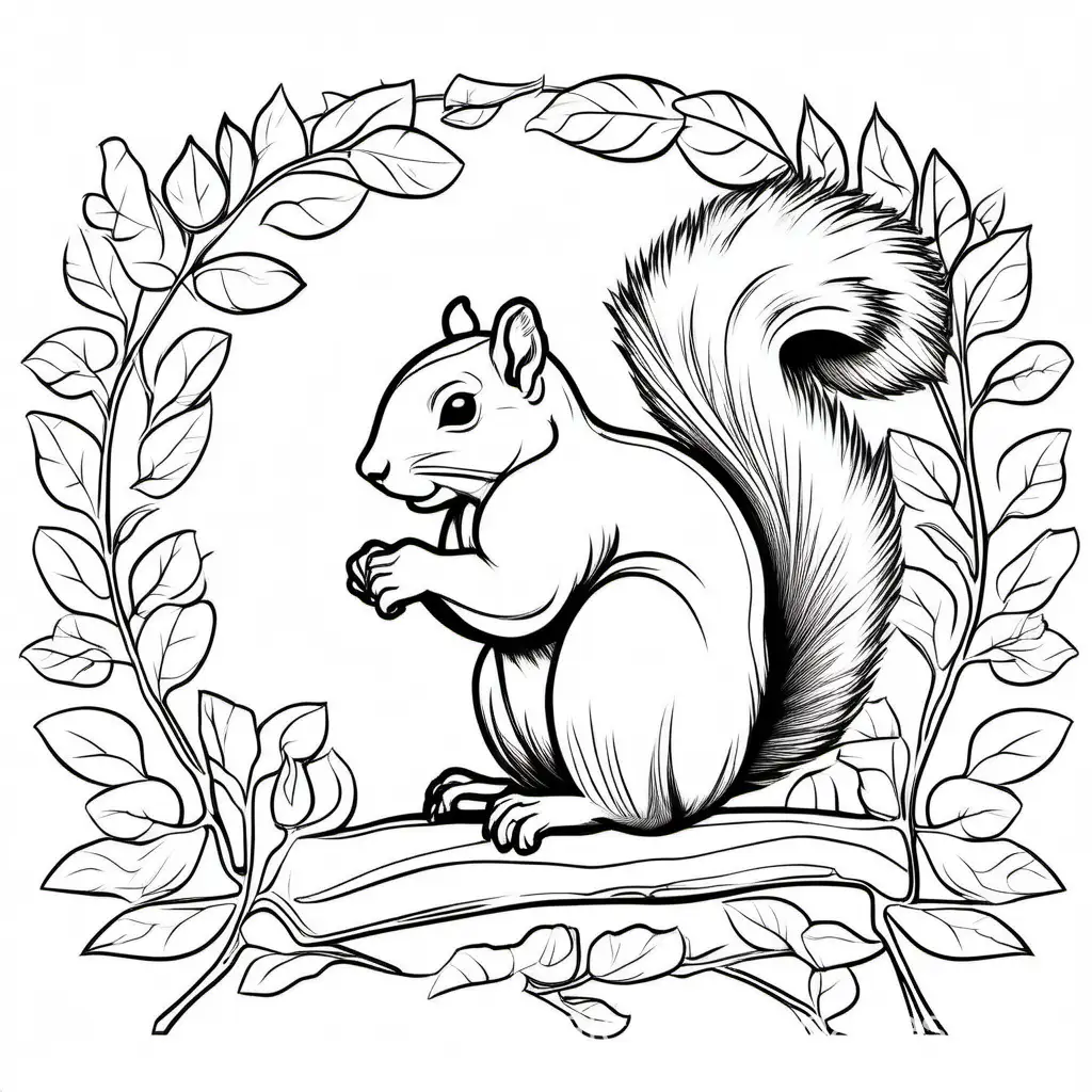 Gray squirrel, Coloring Page, black and white, line art, white background, Simplicity, Ample White Space. The background of the coloring page is plain white to make it easy for young children to color within the lines. The outlines of all the subjects are easy to distinguish, making it simple for kids to color without too much difficulty, Coloring Page, black and white, line art, white background, Simplicity, Ample White Space. The background of the coloring page is plain white to make it easy for young children to color within the lines. The outlines of all the subjects are easy to distinguish, making it simple for kids to color without too much difficulty