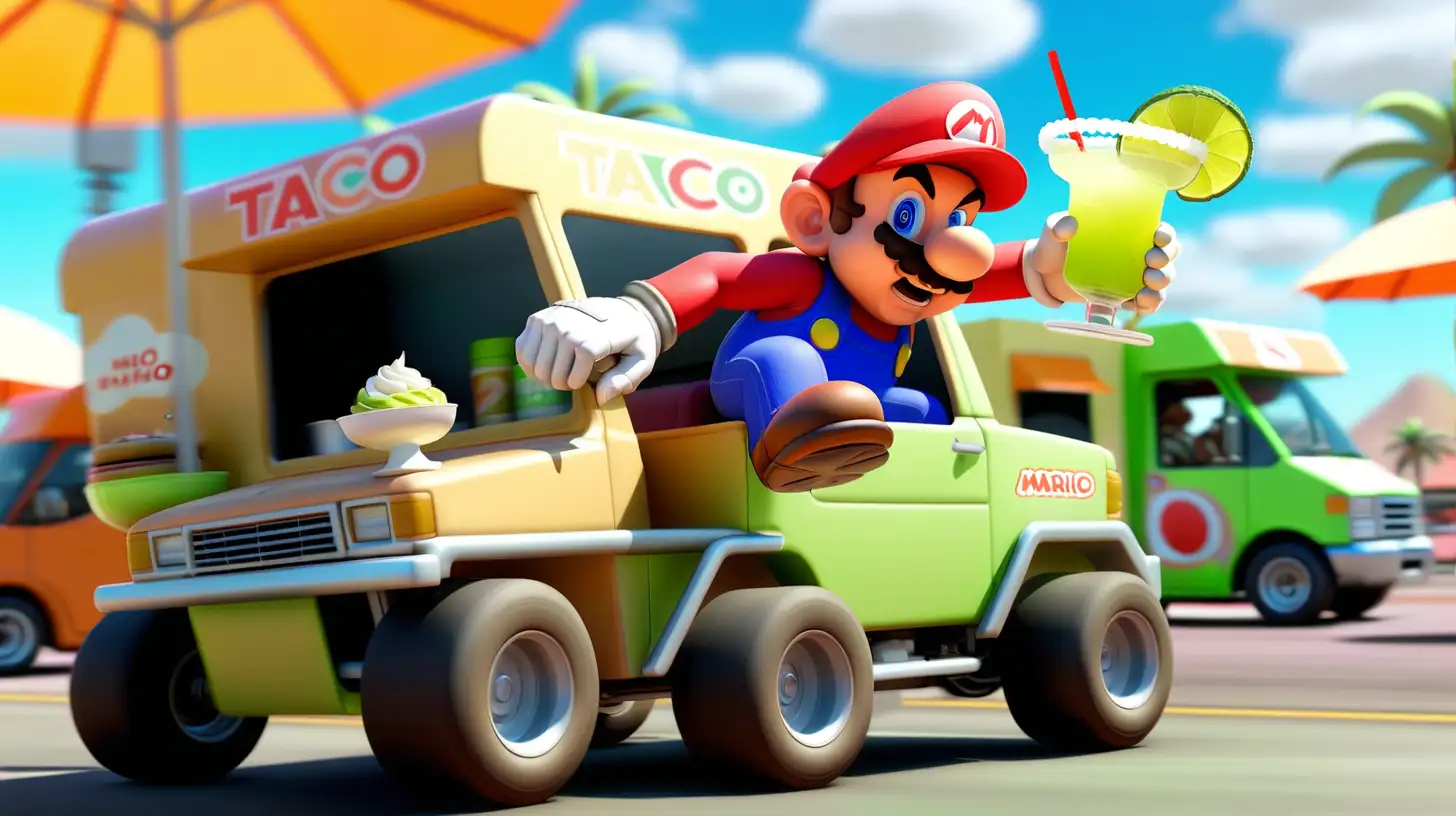 A view from Mario Kart where Mario is holding a margarita while he passes a taco truck.