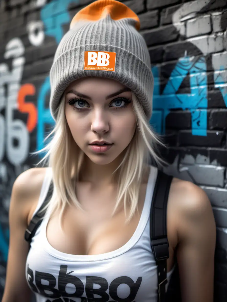 Beautiful Nordic woman, very attractive face, detailed eyes, perfect breasts, slim body, dark eye shadow, messy blonde hair under a grey beanie, wearing a b-boy style cosplay outfit, bust shot, bokeh background, soft light on face, rim lighting, facing away from camera, looking back over her shoulder, standing in front of an elaborate urban graffiti wall, Illustration, very high detail, extra wide photo, full body photo, aerial photo