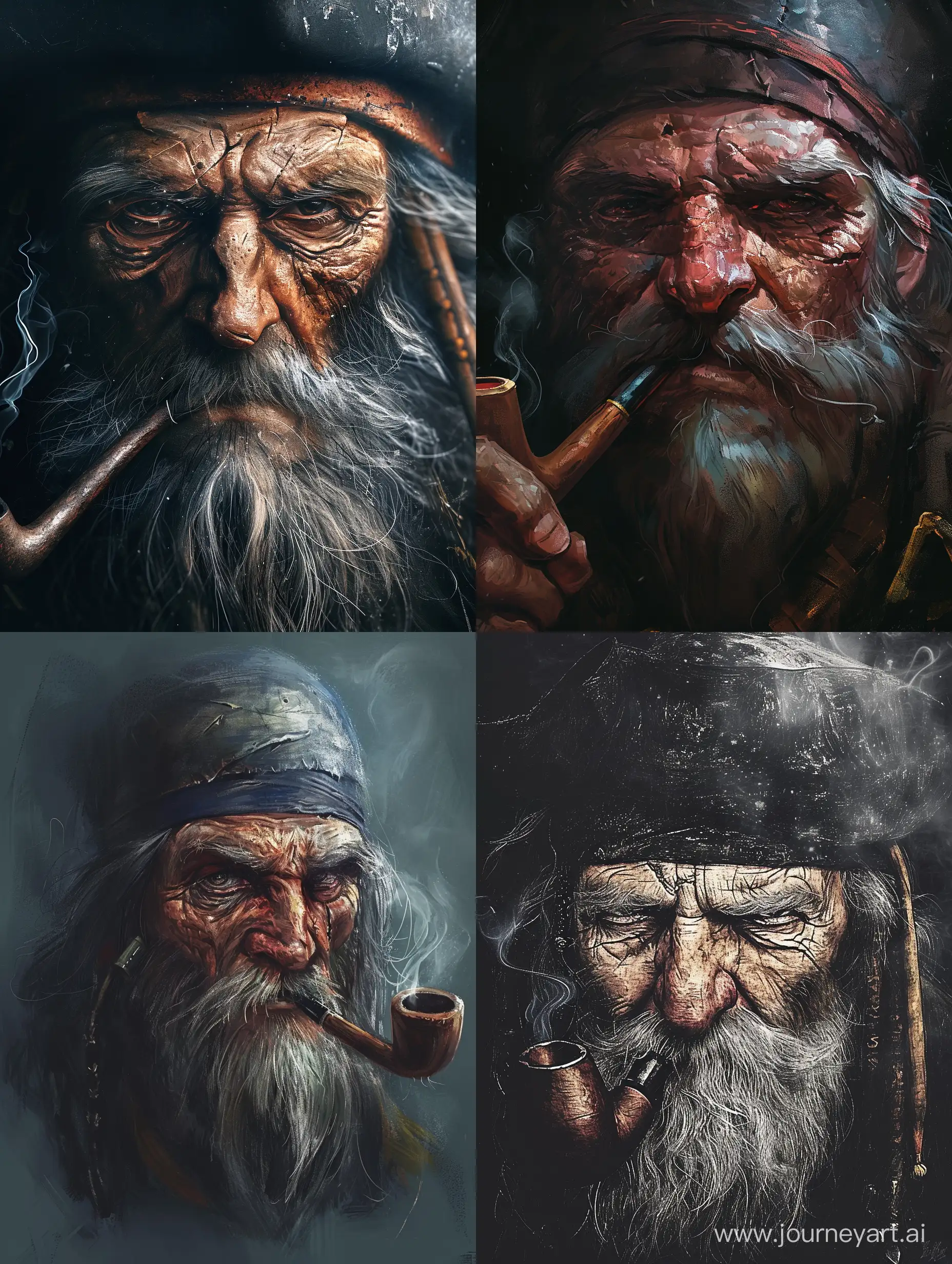 Draw pirate captain Greybeard. Using realistic engine. Only draw headshot. 3/4 view. He is smoking pipe. He is old with crinkles showing around eyes and face. --v 6 --ar 3:4