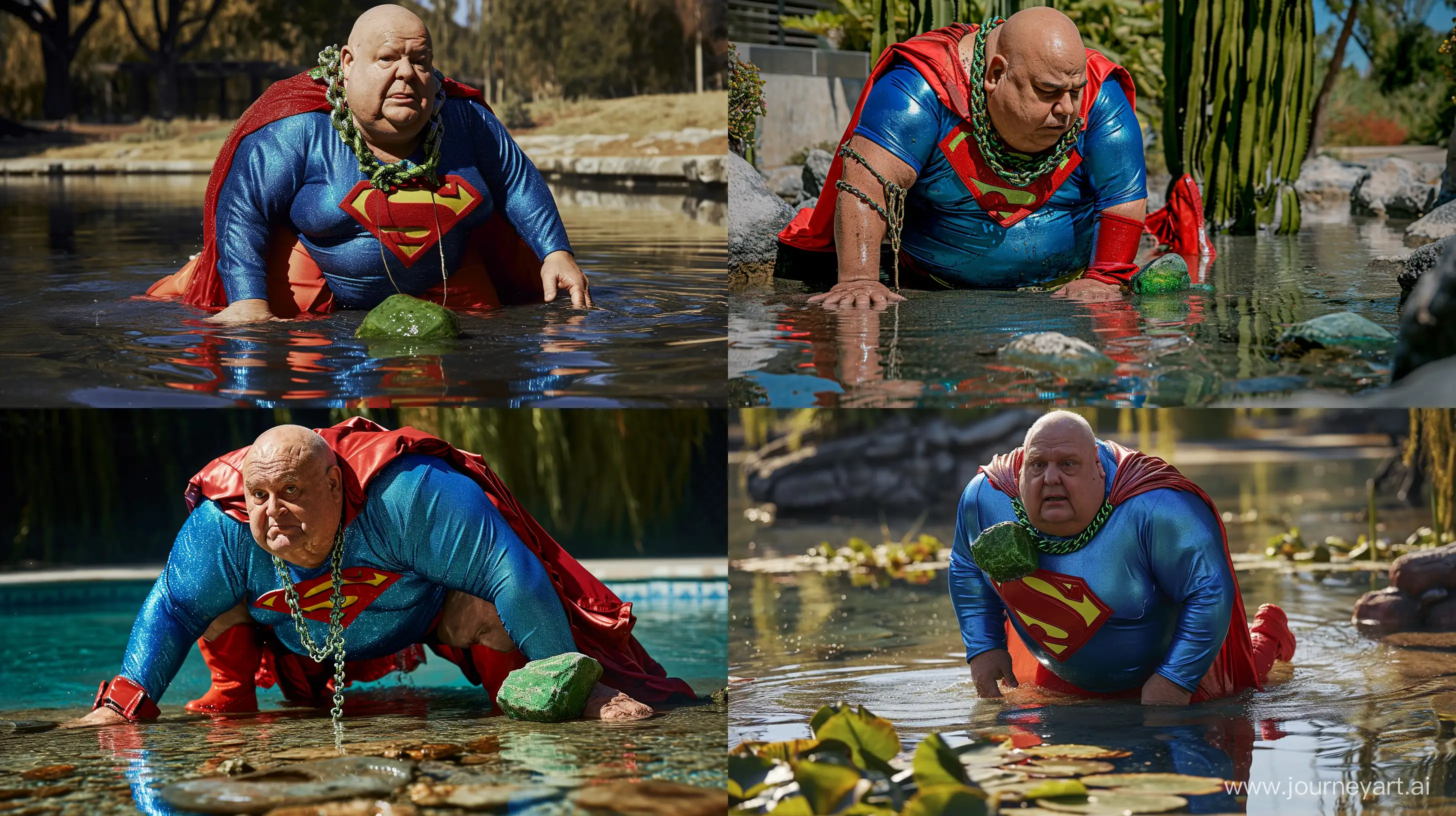 Photo of a chubby man aged 70 crawling on the ground in a shallow pool. He is wearing a slightly shiny bright blue superman costume with a costume with a big red cape, red boots, and red trunks. He wears a heavy shiny green chain collar with a green rock. --style raw --ar 16:9 --v 6