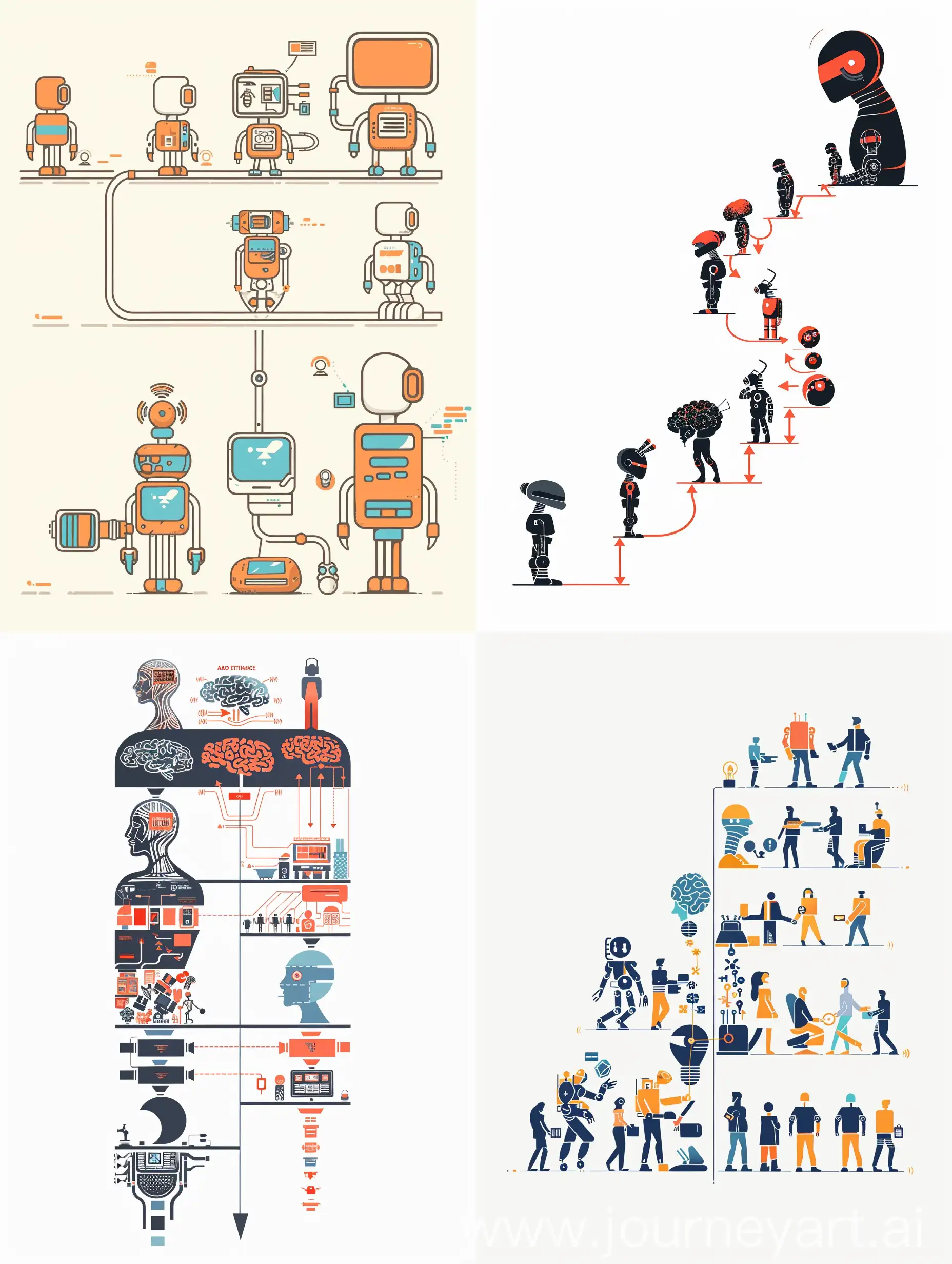 illustration a minimal graphic image about Artificial Intelligence Timeline Evolution. draw a line in the middle of picture and show an evolution timeline of artificial intelligence. with plain white background (Code: FFFF)