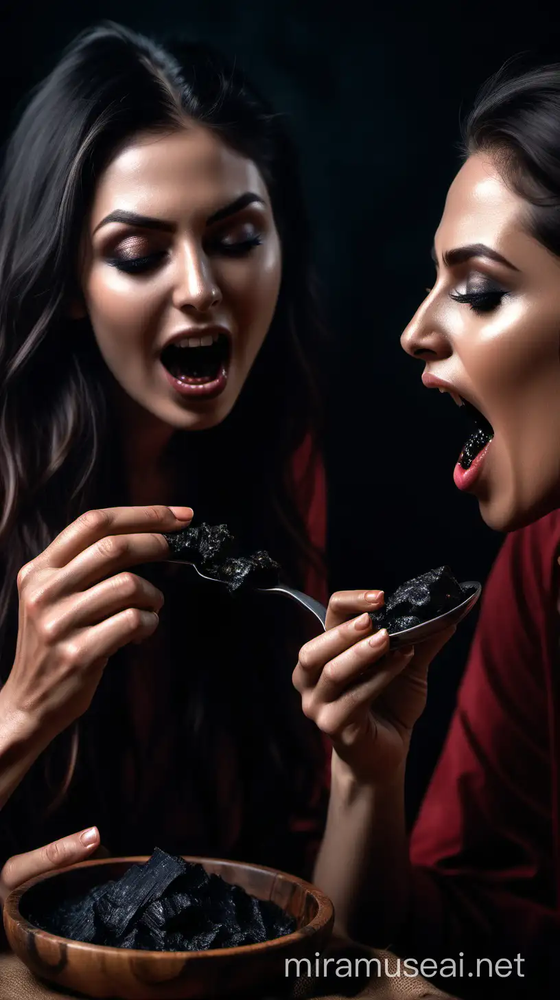 A hyper realistic photo of women eating Shilajit 