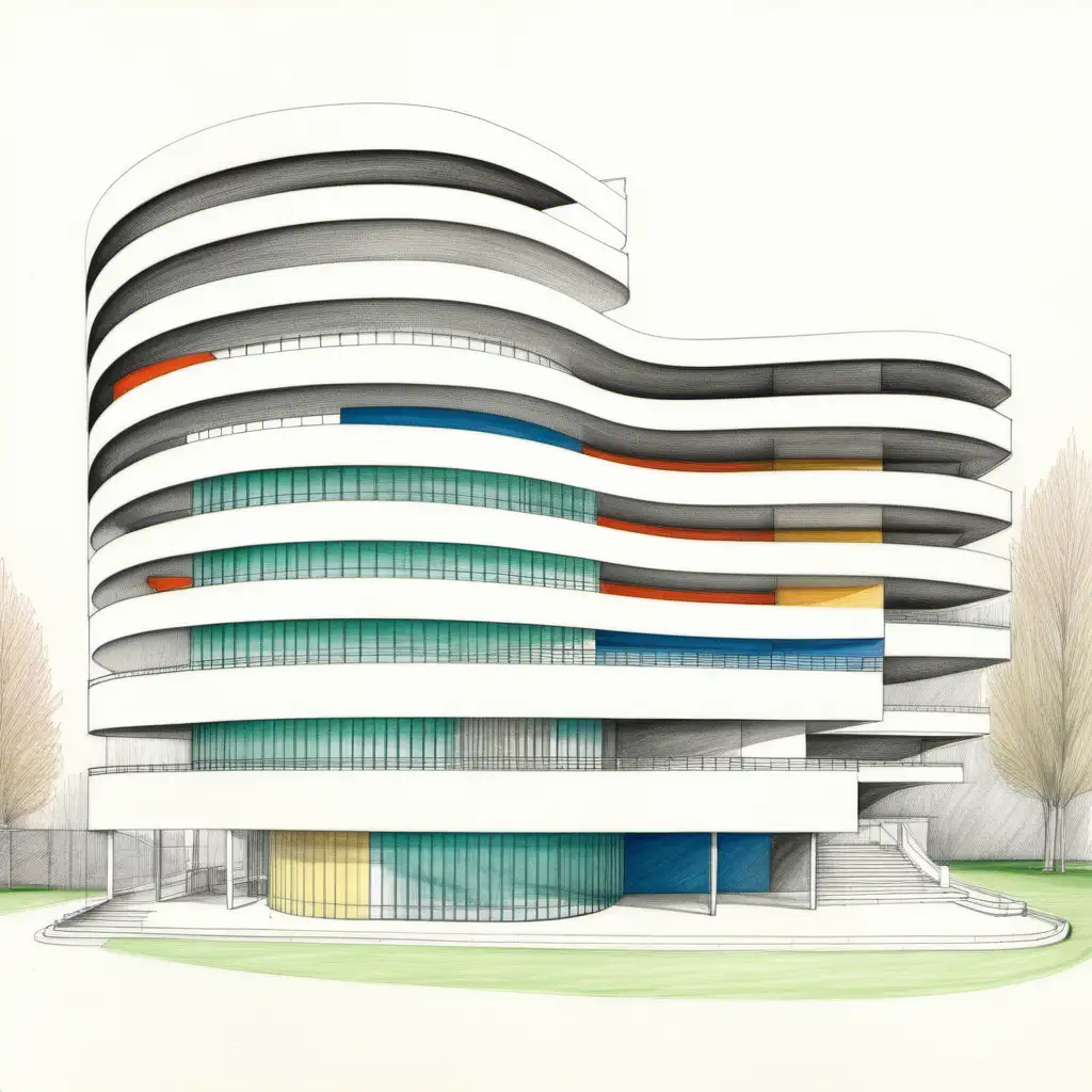 asymmetrical curved organic atrium, 7 floors, colour panels, le corbusier villa savoye architecture, pencil sketch