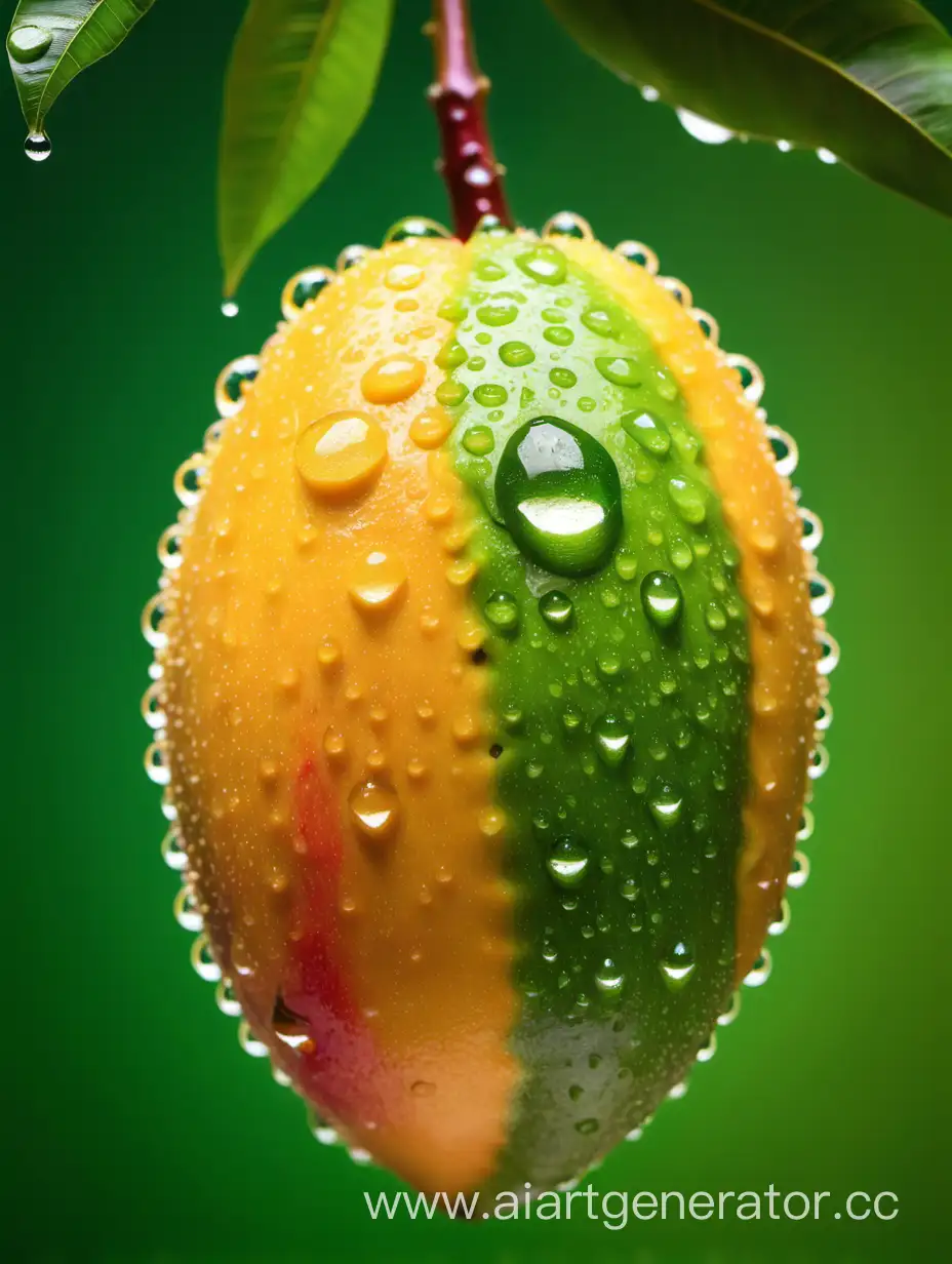 Vibrant-African-Mango-with-Green-Background-and-Glistening-Water-Drops