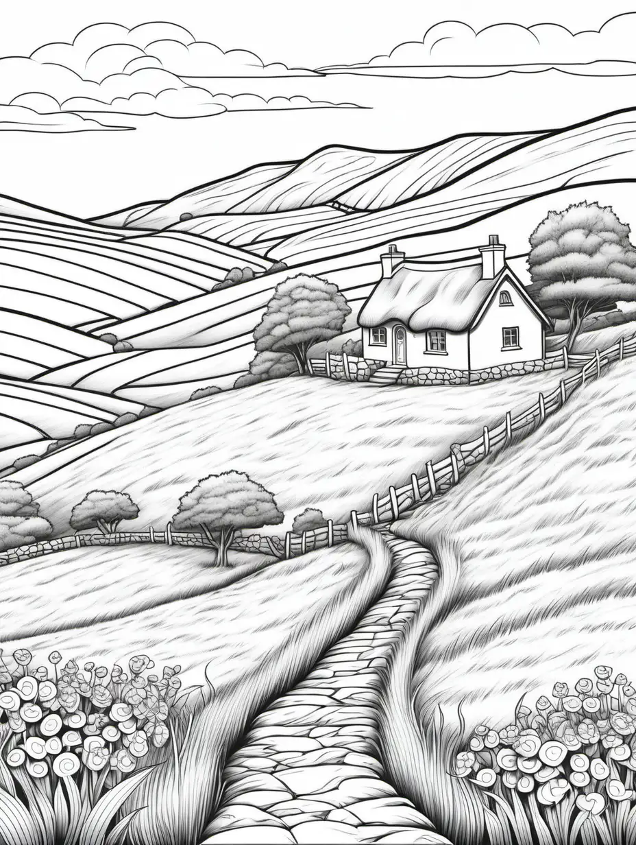 /imagine coloring pages for kids, cottage in rolling hills of Ireland, thick lines, low detail, no shading, black and white - - ar 85:110