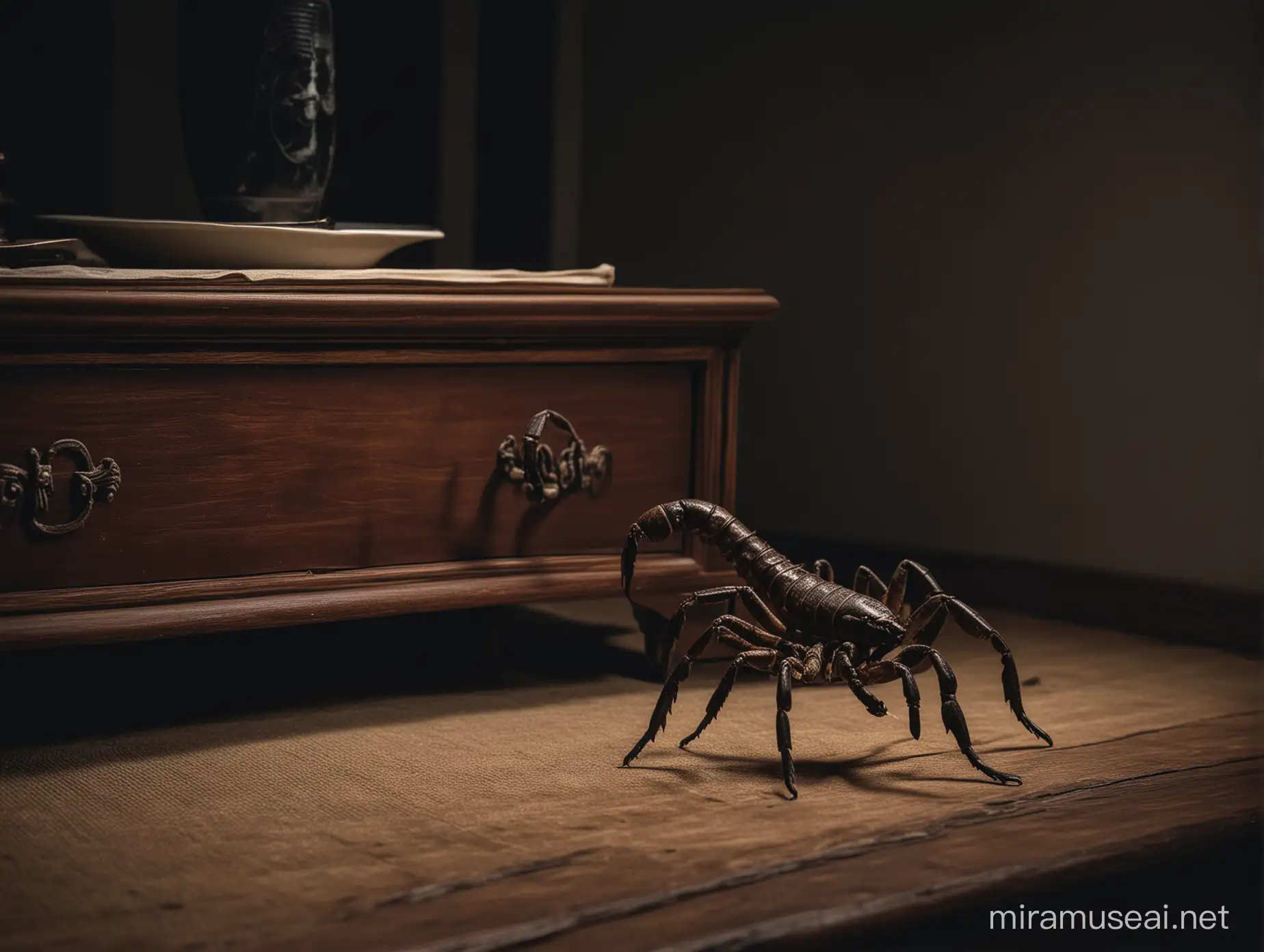 Dark Room Scorpion on Dresser Eerie Nocturnal Scene
