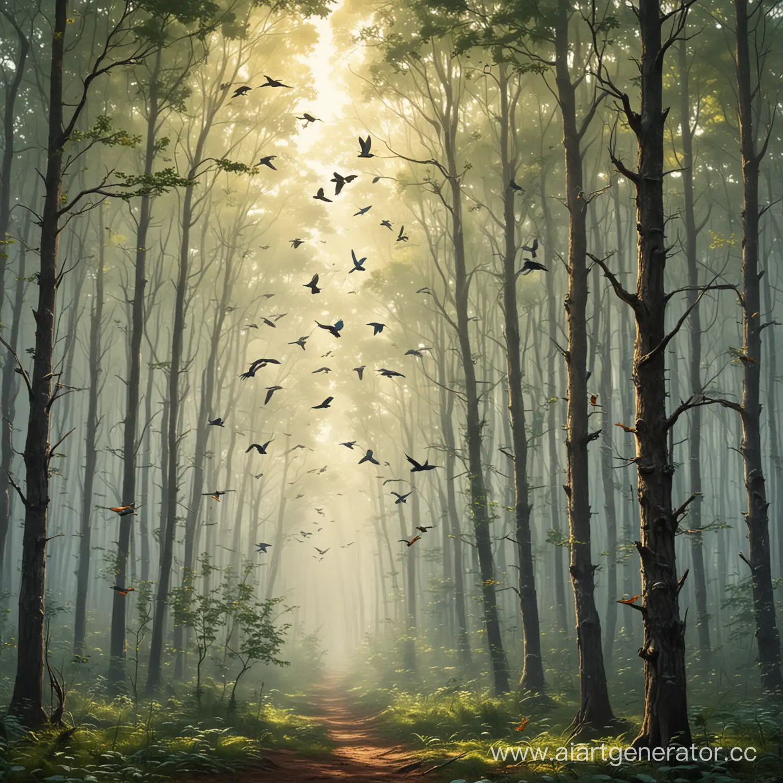 Enchanted-Forest-with-Fluttering-Birds