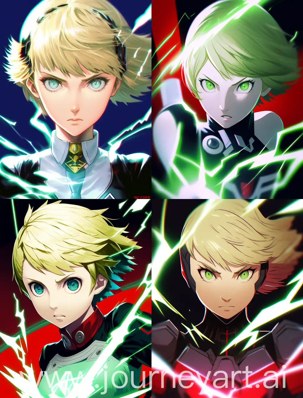 by Shigenori Soejima, Persona 5, Persona 3 Reload, character portrait, short haired girl, wolf cut hairstyle, blond with dark roots, green background, hazel green eyes, tomboy, Y2K fashion, green edge lightning