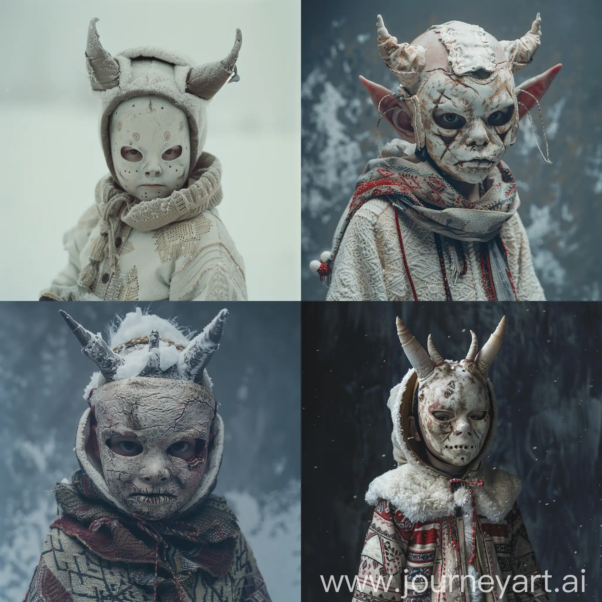 a snowy deformed child, wearing a horror mask, with small horns, wearing eskimo clothes cinematic portrait, hasselblad 1600f, dom cold tones, color grading, post-processing