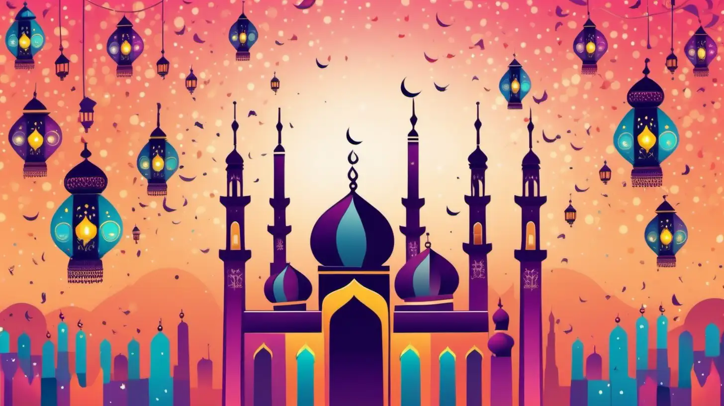 Design a vibrant AI-generated image of a beautiful Eid celebration, with minarets, lanterns, and joyful faces surrounding the text.