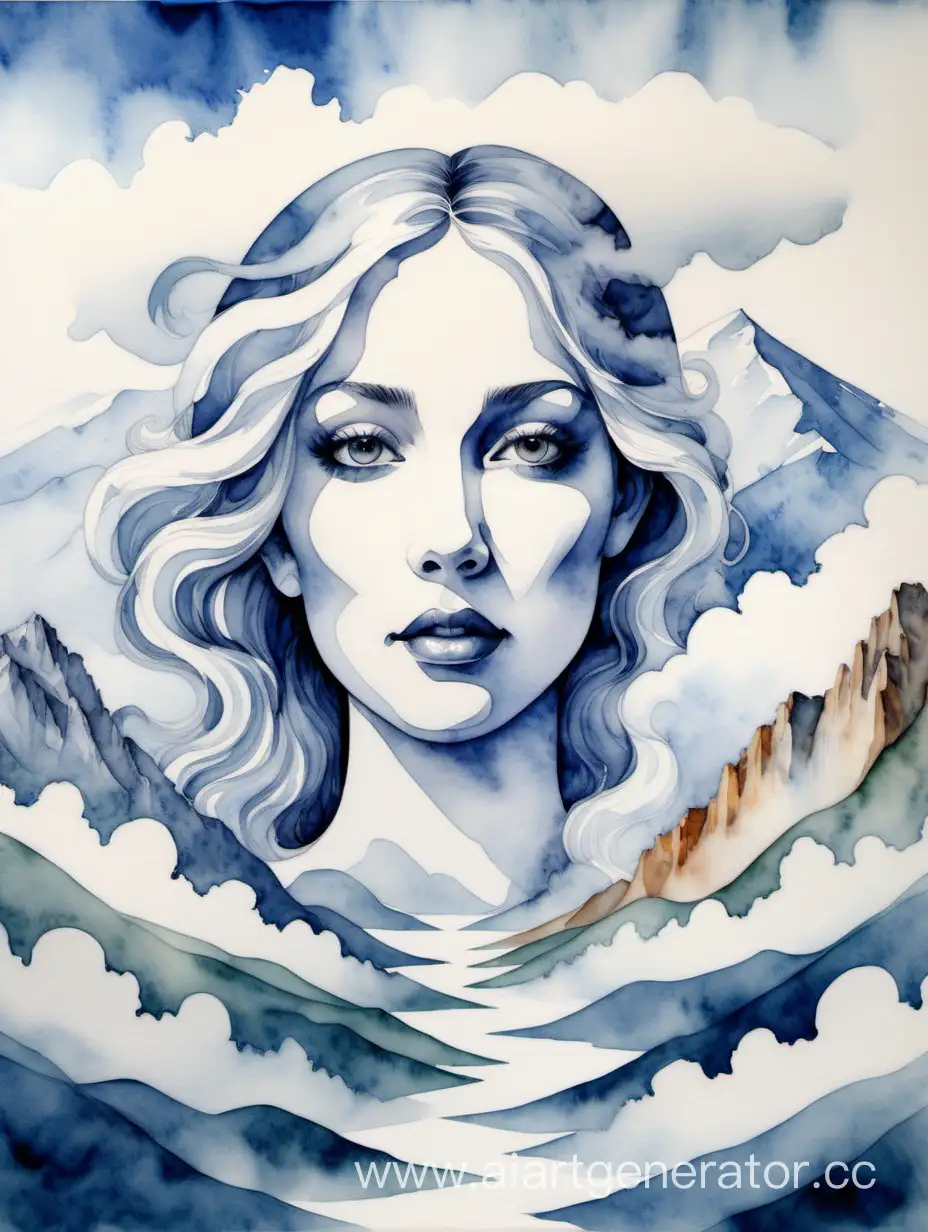 оптическая иллюзия: акварель, женский лик состоит из облаков холмов, гор воды