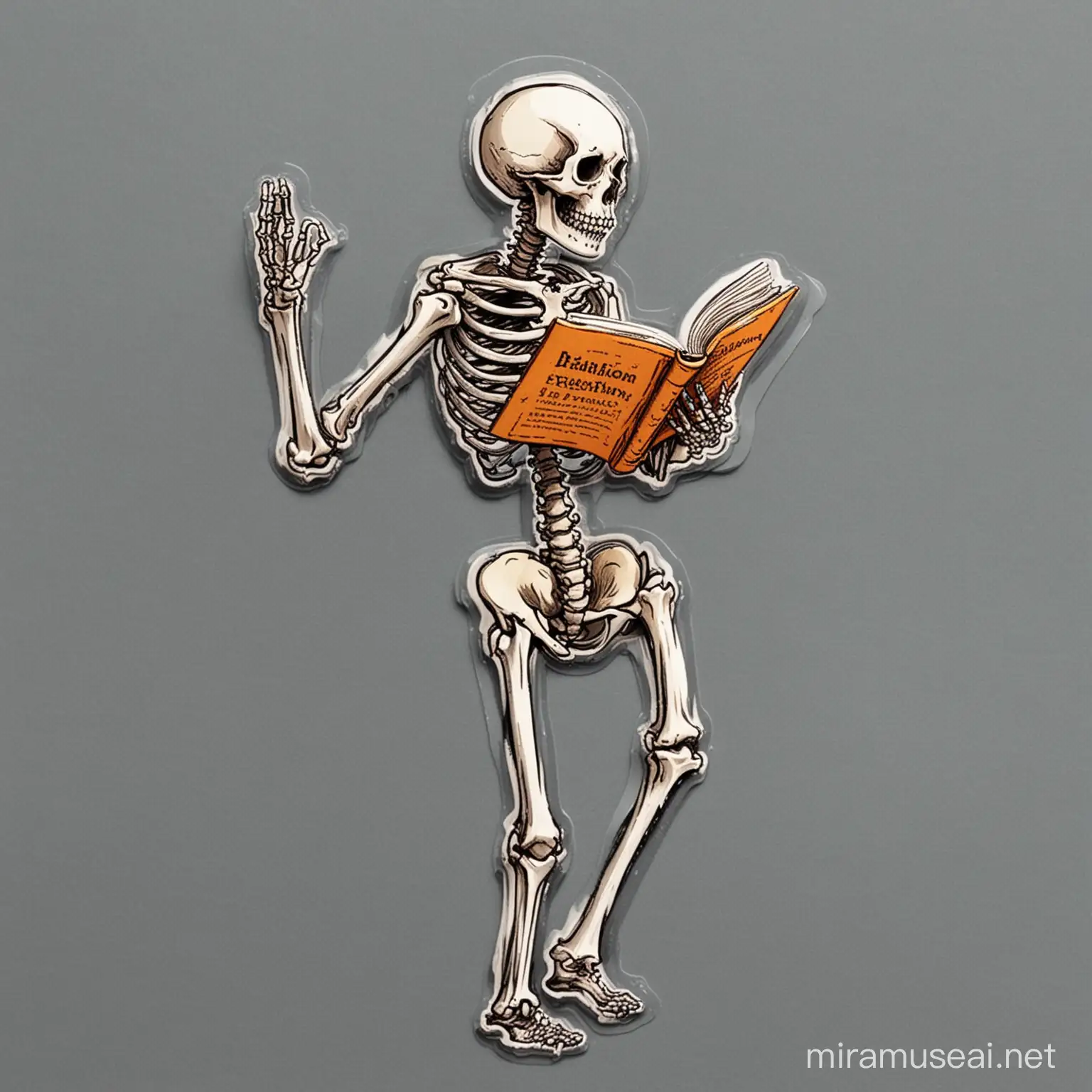 A higher quality illustration sticker of skeleton dancing and reading book, 
