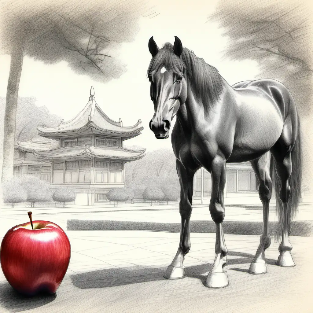 Pencil sketched healthy horse looking at a big red shiny apple, surrounding of an Asian park, pastel color , pencil sketch, detailed 