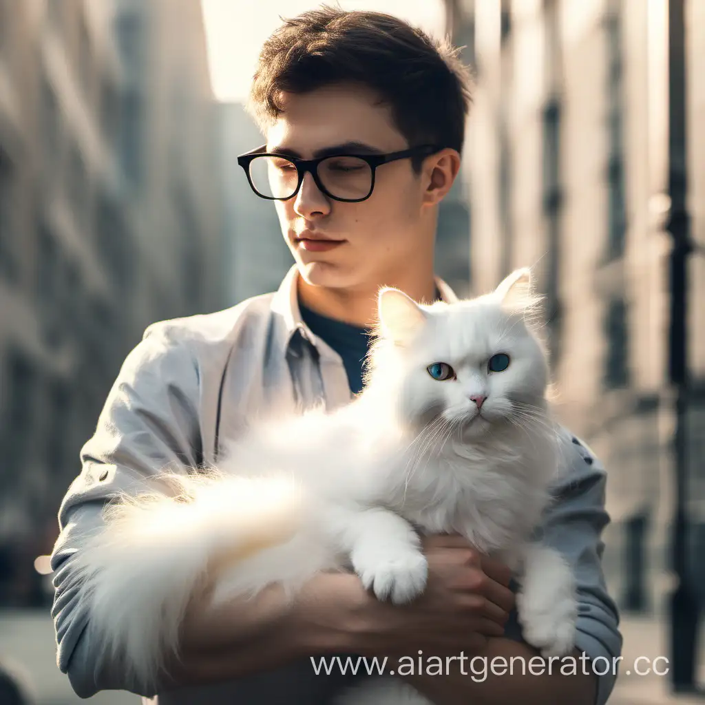 молодой парень в очках держит на руках белого пушистого кота