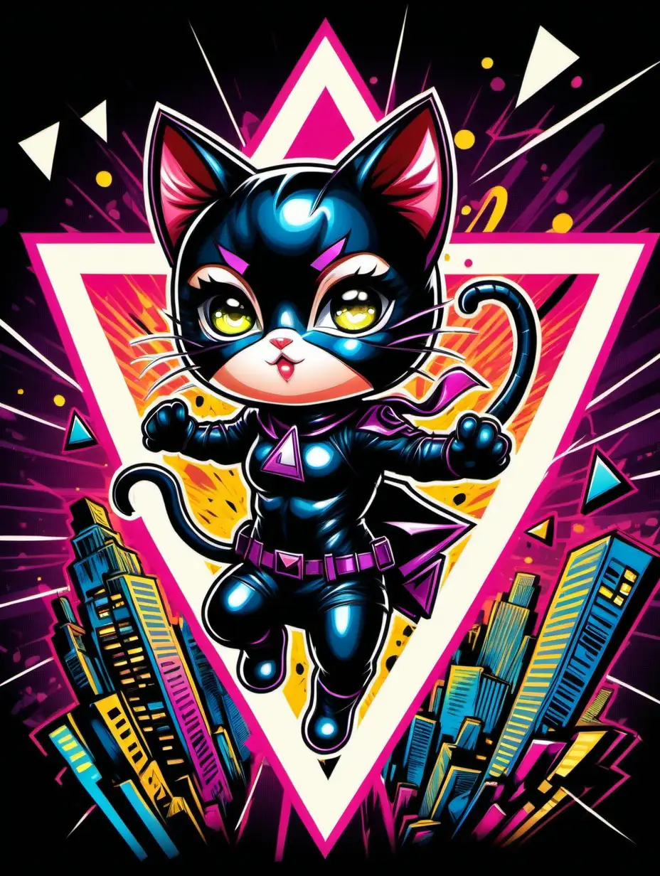 2d poster style, old style poster drawing, hight contrast, flat pop art style drawing of a triangle-shaped composition featuring a little naugty cute kitty daredevil, dressed like catwoman, glowing. Anime, chibi style. Big head, small body, big eyes. Cute face. The background is filled with graffiti elements, incorporating vibrant electric colors, various shapes, and dynamic lights. The overall image should be lively, colorful, and reflective of contemporary youth culture, embodying the energetic spirit of pop art. Drawing must be in 2d flat style, popart. 