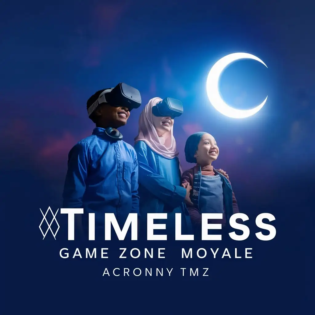 LOGO-Design-For-Timeless-Game-Zone-Moyale-African-Muslim-Family-in-Islamic-Attire-with-VR-Headset-and-Crescent-Moon