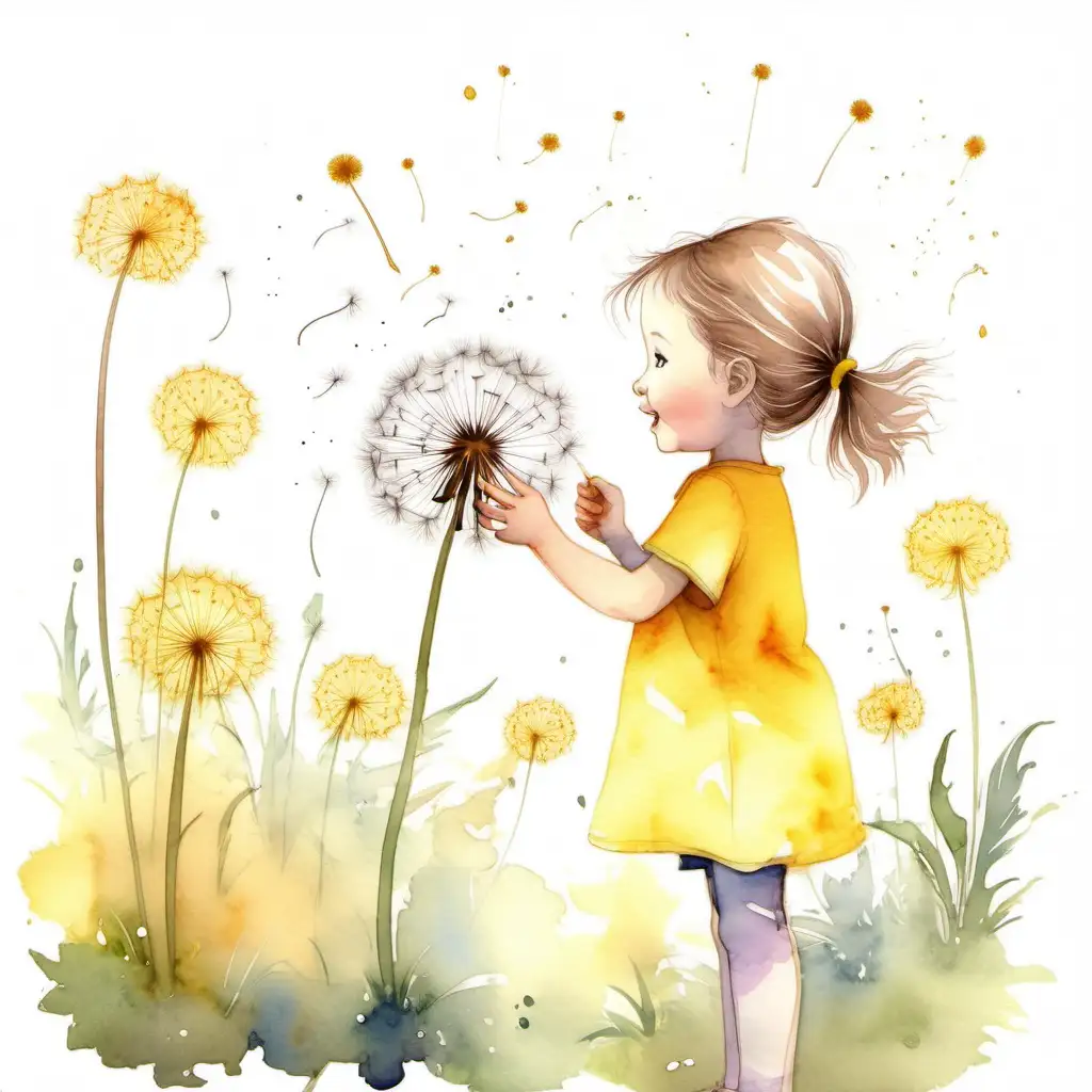 Cheerful Preschoolers Playing and Learning with Dandelions Watercolor Illustration
