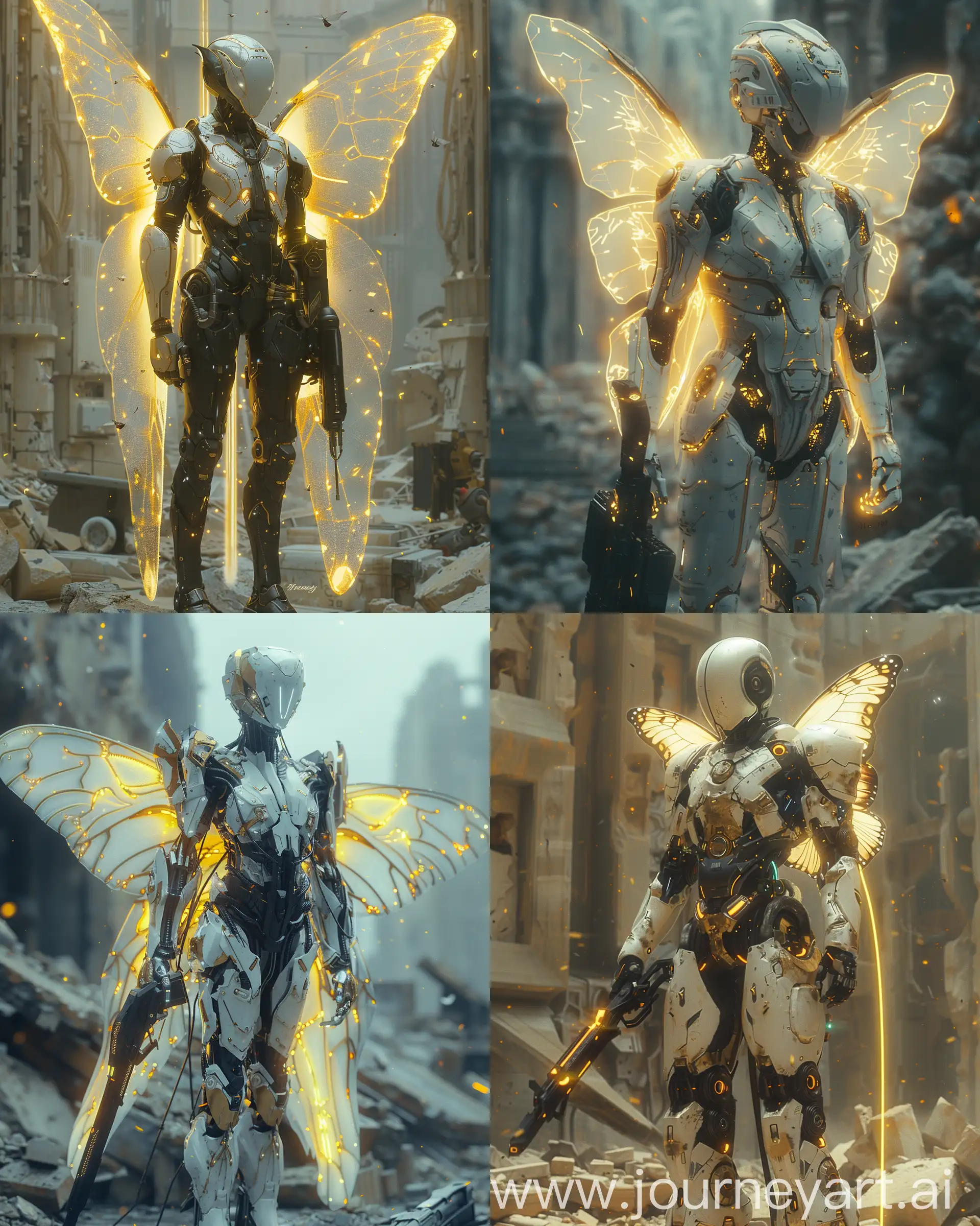 Hyperrealism White gold Mecha gatekeeper with butterfly wings, a human with futuristic suite Valkyrie standing in front of ruins with infinite sword gun, in style of saint seya, mecha big wings, mechanized valkyrie, mecha armor, mecha suit, black armor with yellow light, black mecha,hyperrealistic concept art of omegamon. 32k uhd --ar 4:5 --s 750 --v 6.0 --style raw