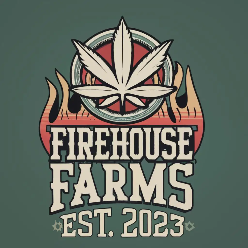 vintage era logo, Maltese Cross Cannabis Leaf, Flames and firefighter aesthetic with the text "Firehouse Farms Est. 2023" typography