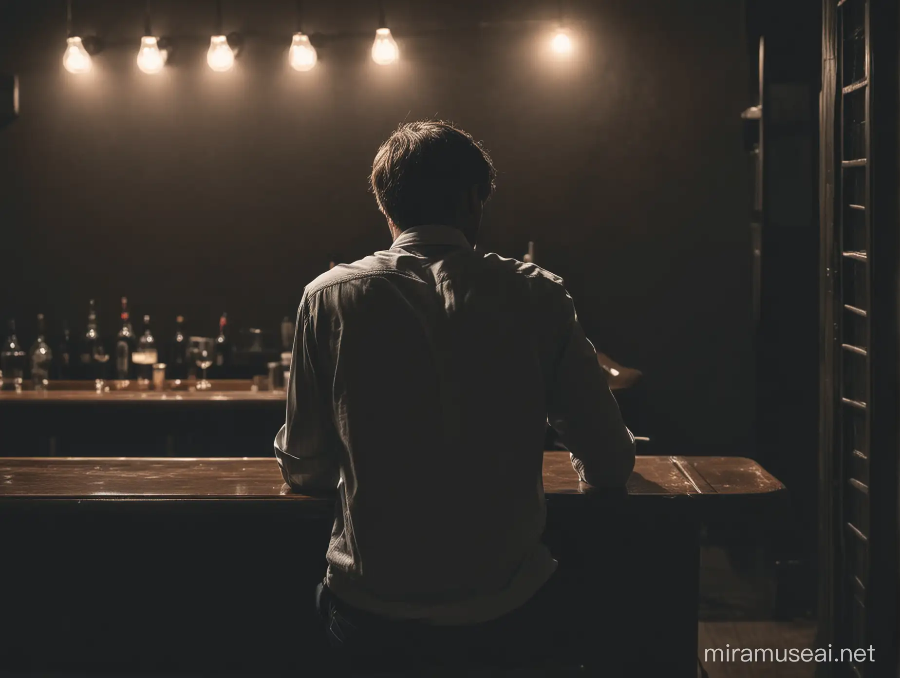 Solitary Young Man Seated at Dark Night Bar