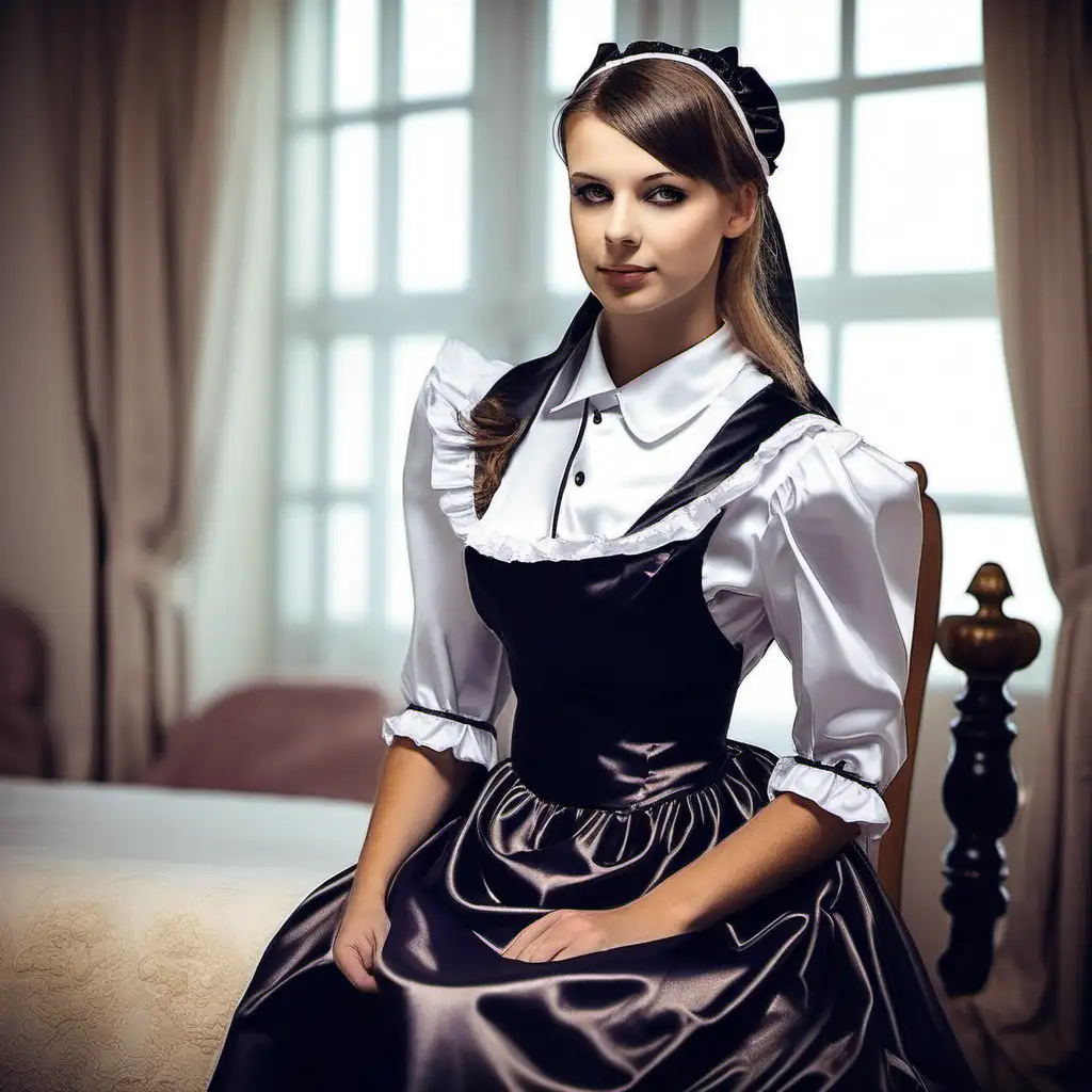 european Girl in satin long maid uniforms