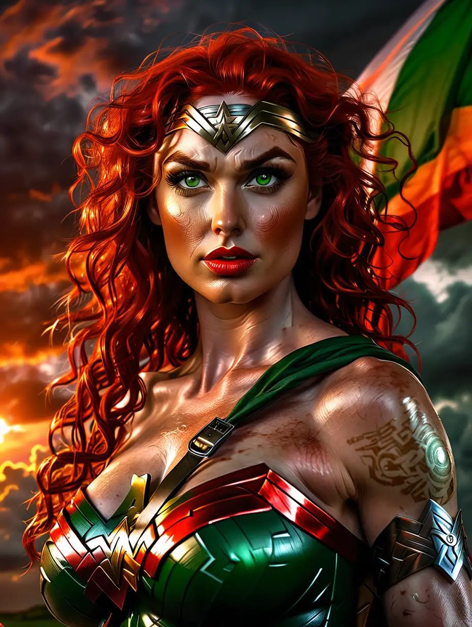 Realistic Irish Wonder Woman Portrait with Ireland Flag in Stormy Sunset