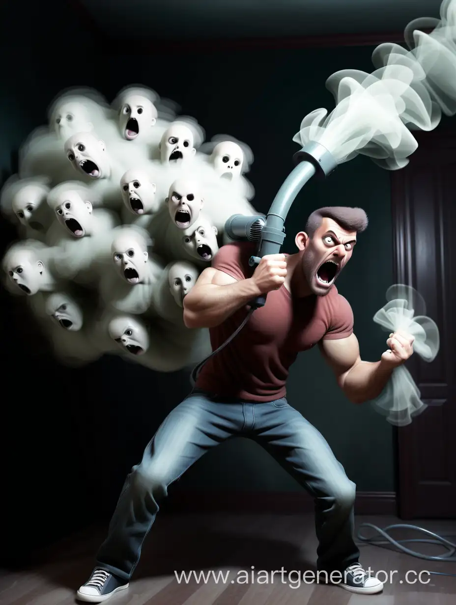 Strong scary man catch ghosts with a blower