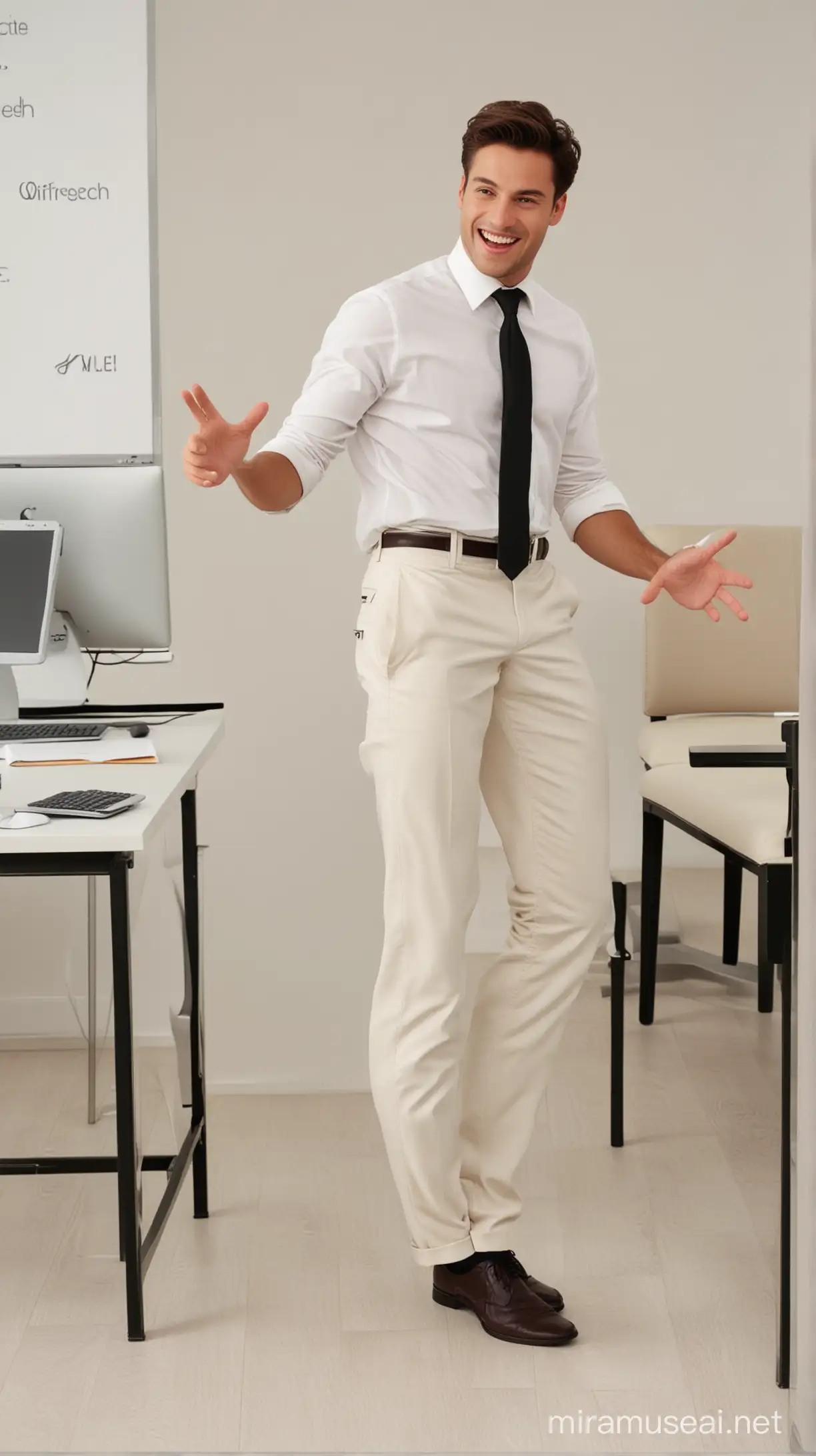 office space off white colour , young attractive man , good face , height formals , video showing him dancing kick and scissor move elegantly and happily , video zooms out ,office has only 2 columns of tables , he is dancing between the 2 columns very very very happy with mobile in hand,screen showing the word goperch