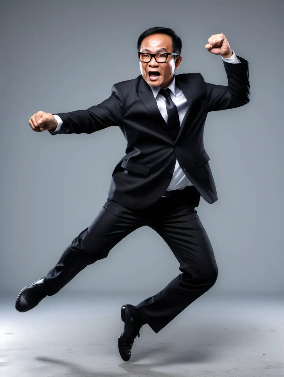 50-year-old Southeast Asian man with a round face, black short sleek hair, big forehead, wearing glasses, Wearing black suit, a full look of his face and body gesture,doing fighting jump pose