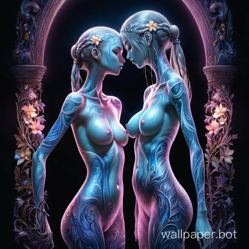 Insanely beautiful. Digital art. concept art. (2 skinny  young girls), body is created from multi-colored shimmering plant ornamentation   , volumetric transitions of thin grass lines, shimmering neon floral pattern on will body .  (Breast-height portrait:1.5), THin body, thin face, realistic big eyes, thin waist,  tiny nose,  three breasts,  braided hair, hair up, (wet porcelain skin, drops on skin),  worm-gilt lettering,  arched her lower back, view from right side,   dark complex textured background: mystical glow. High contrast of figure and background. Surrealism, fantasy with elements of modernism. Plateresco, Rococo, Art Nouveau. Background - dissolving abstract patterns in the dark of night. The enigma of rocaille and fantasy surrealism. Shapes and lines inspired by Brandon Wölfel, Alfonso Mucha, Alaina Lemmer.