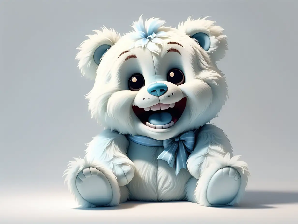 Full body image, A Cartoon sheet ghost white and light blue fluffy teddy bear. It is laughing. It is sitting. White background.
