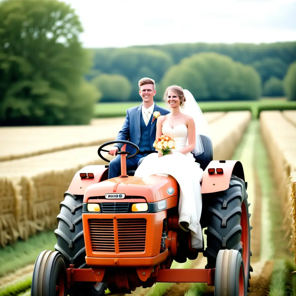 Bride and Groom driving on a tractor in field