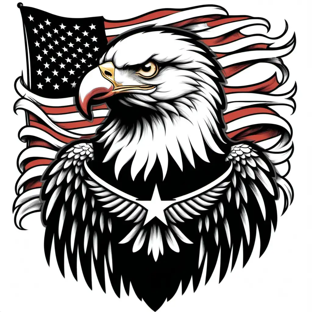 black and white eagle with american flag, all lines connected, for cutting out wall art, white background, everything within frame so nothing is cut off, no shadows