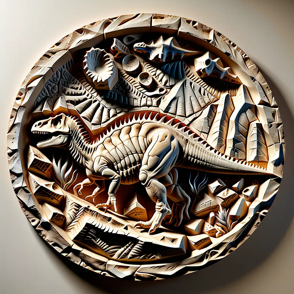 Circular Dinosaur Fossil BasRelief Sculpture