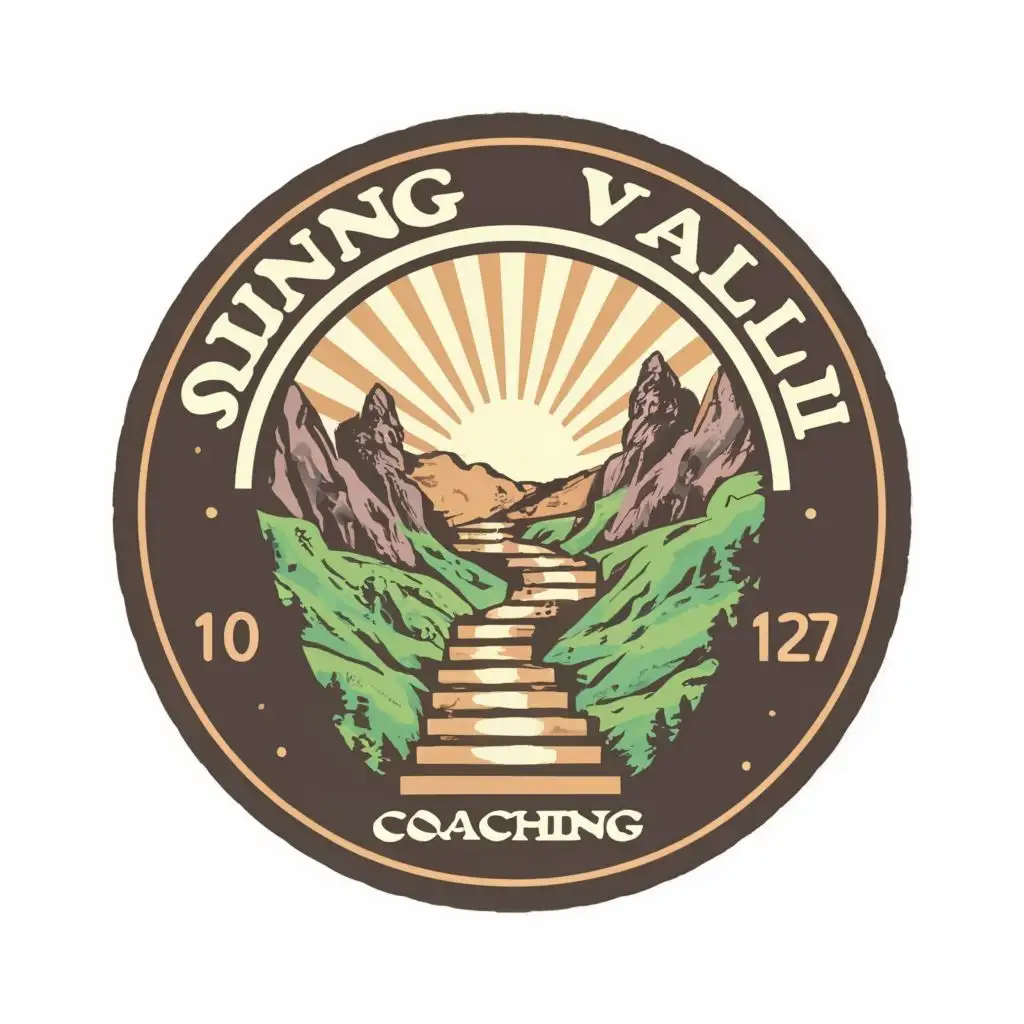 logo, path with steps through valley between mountains with rays round, with the text "shining valley coaching", typography, be used in Restaurant industry